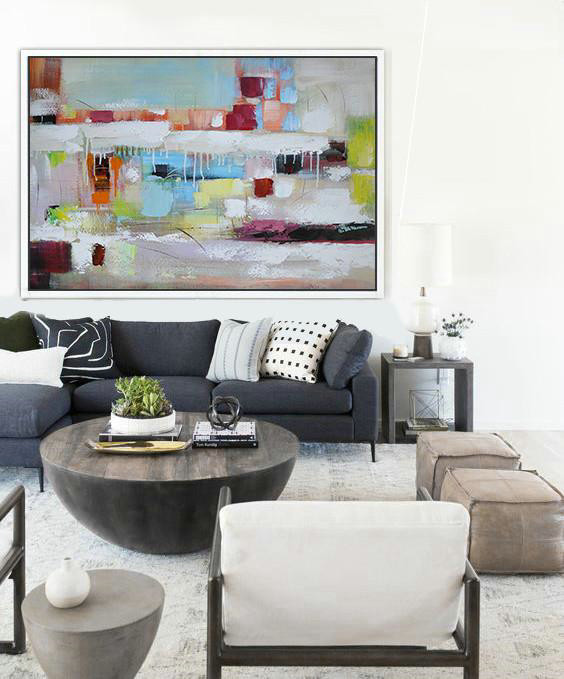 Handmade Large Contemporary Art,Oversized Horizontal Contemporary Art,Modern Art Abstract Painting,White,Purple,Yellow,Green,Red.etc